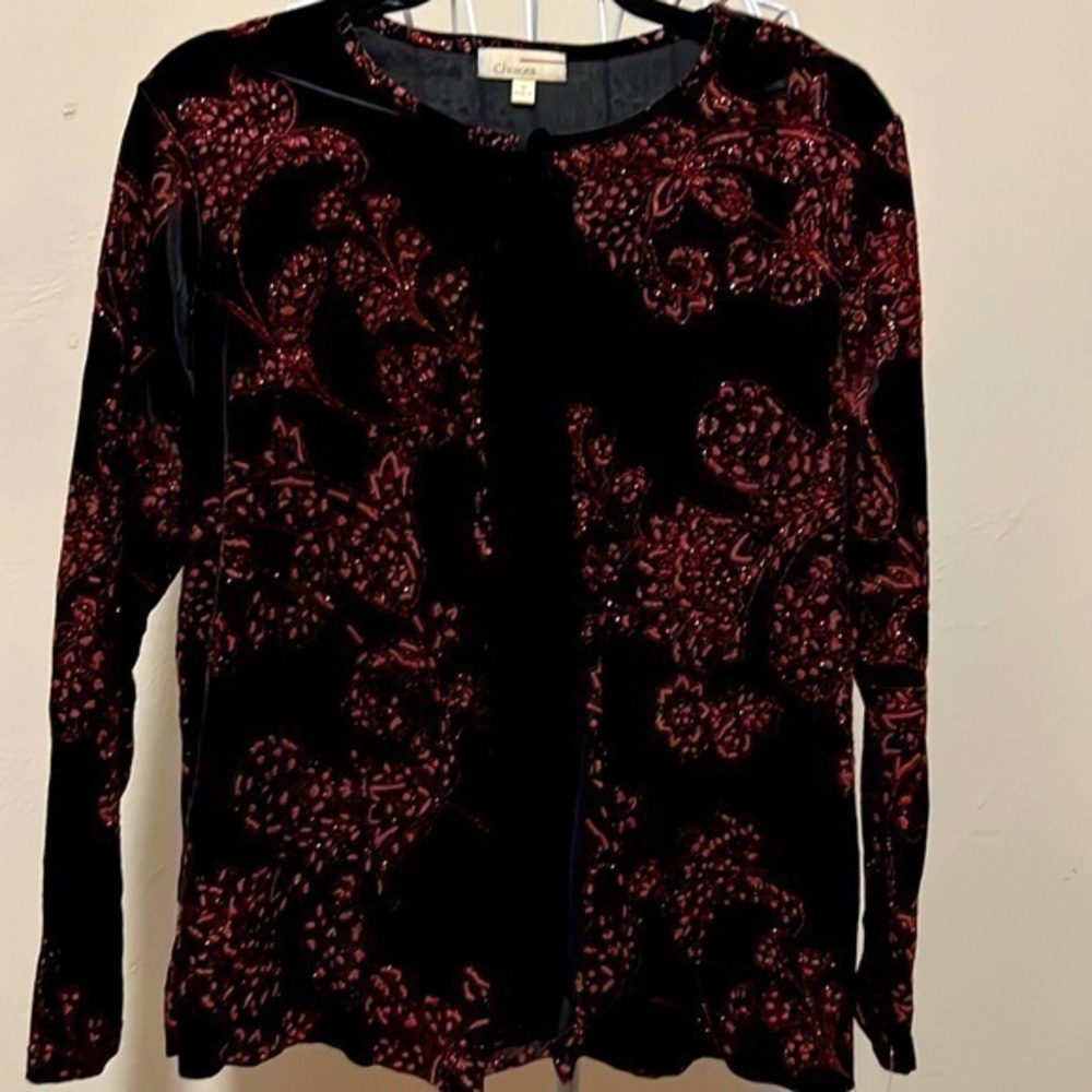 Choices black velvety shell w/ attached black & red sparkled jacket. Sz M. NWT.